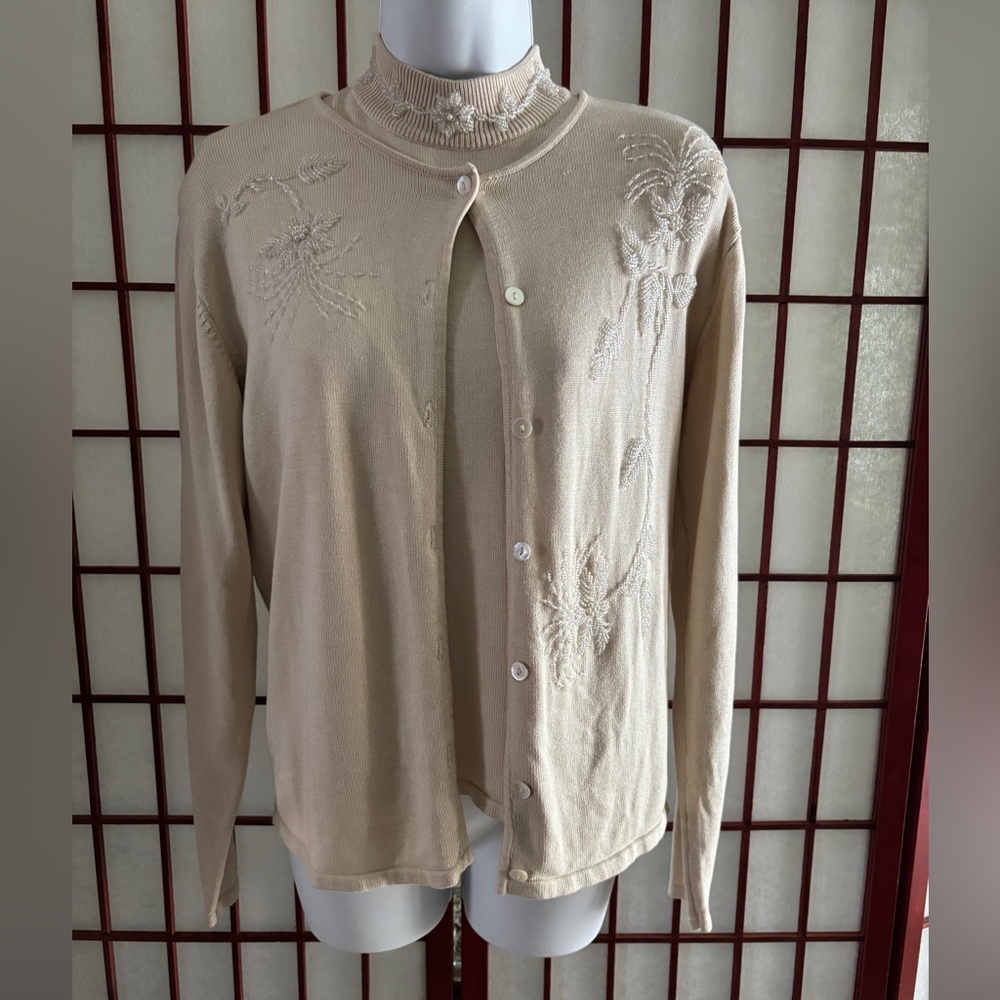 2 Piece Beaded Cream Sleeveless Sweater and Cardigan Set